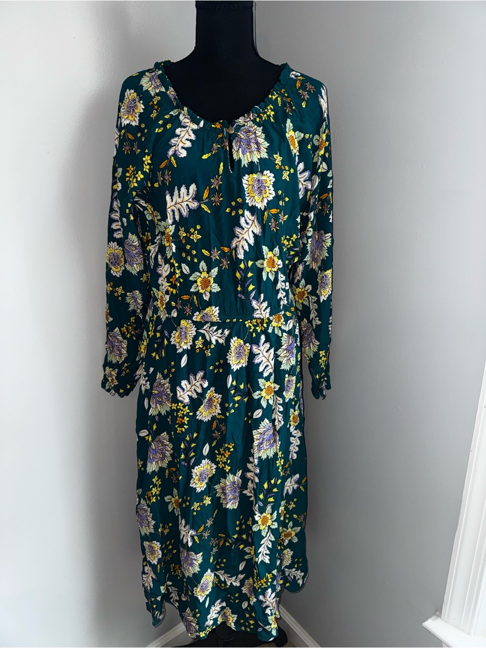 Chaps Teal Floral Long Sleeve Midi Dress